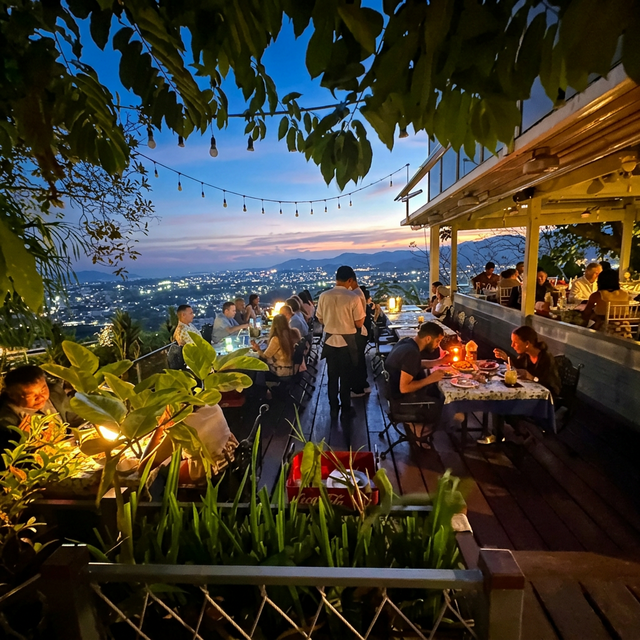 Tunk-ka Cafe evening terrace dining with Phuket Town view